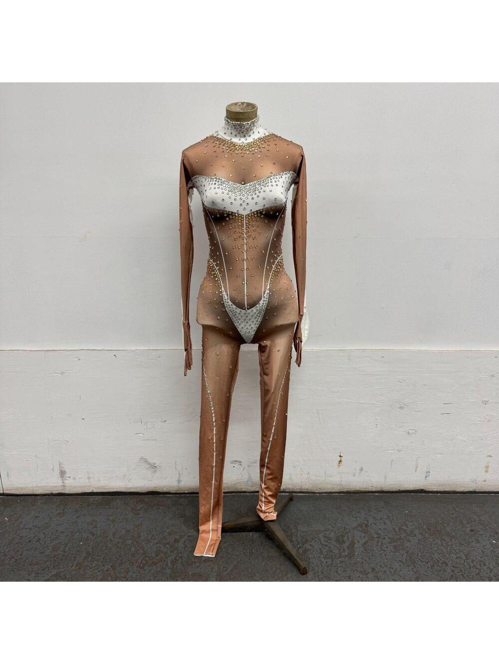 Theatrical Illusion Mesh Crystal Rhinestone High-Neck Catsuit